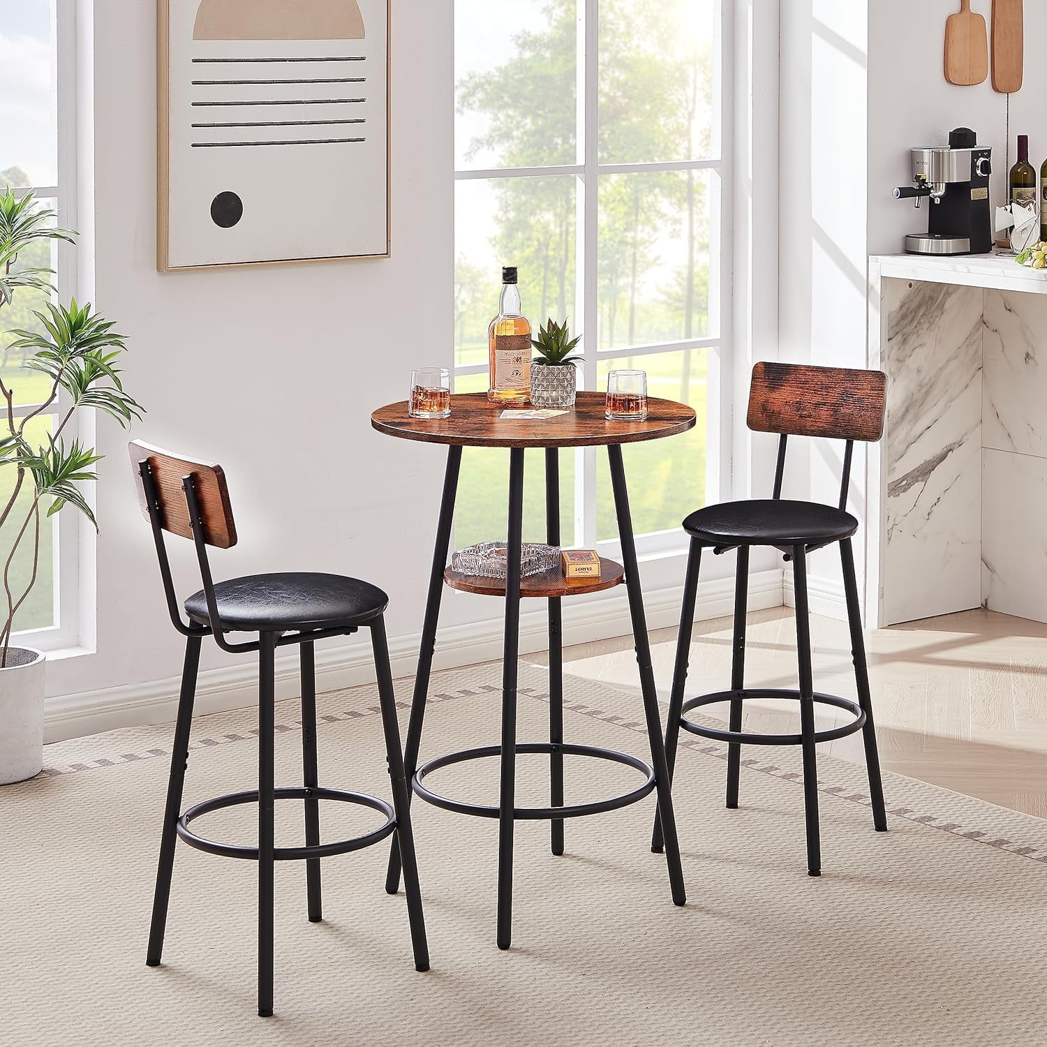 3Piece Round Bar Dining Table and Stool Set 2Tier Small Dining Table