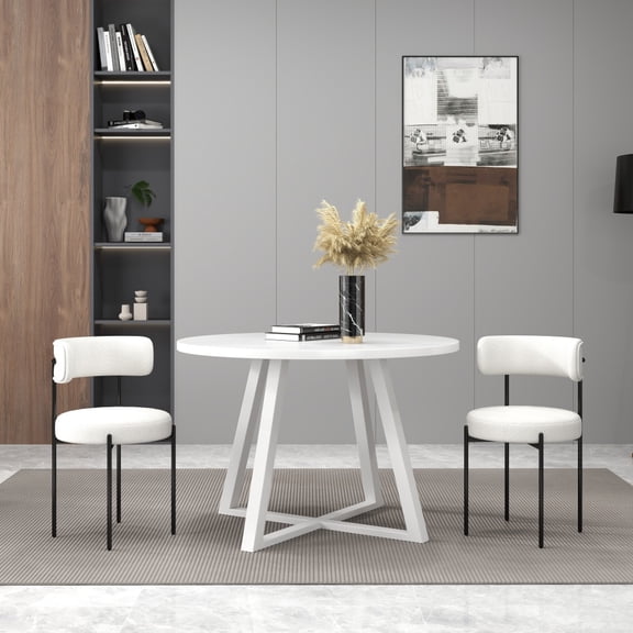 3-Piece Round Dining Set, Trestle Dining Table with 2 Boucle Chairs