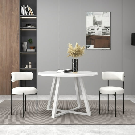3-Piece Round Dining Set, Trestle Dining Table with 2 Boucle Chairs