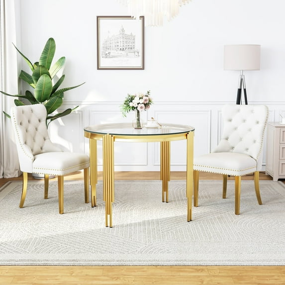 3-Piece Round Dining Table Set, Modern Glass Table Irregular Table Legs, and 2 Velvet Tufted Chairs for Kitchens, Living Rooms, Small Spaces