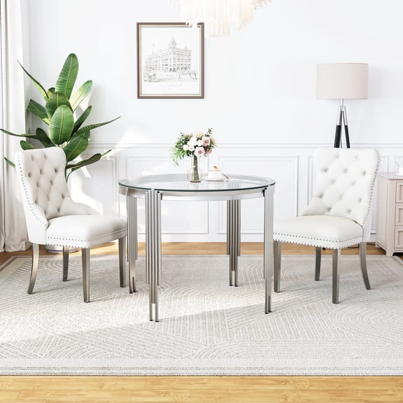 3-Piece Round Dining Table Set, Modern Glass Table Irregular Table Legs, and 2 Velvet Tufted Chairs for Kitchens, Living Rooms, Small Spaces