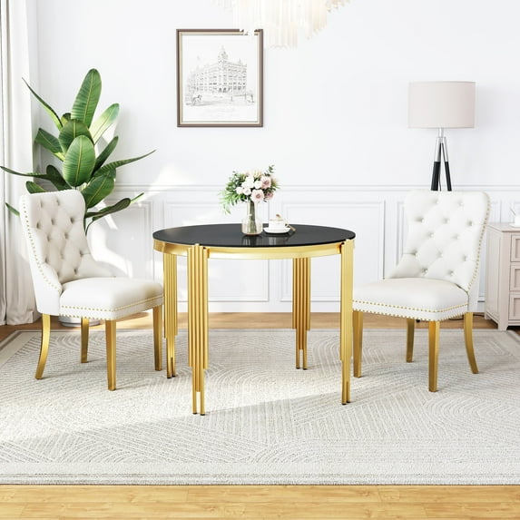 3-Piece Round Dining Table Set, Modern Glass Table Irregular Table Legs, and 2 Velvet Tufted Chairs for Kitchens, Living Rooms, Small Spaces