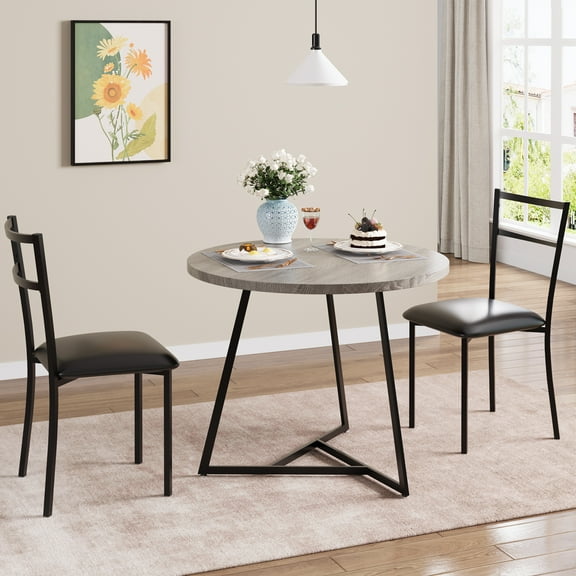 3-Piece  Round Dining Table Set, Space Saving 2-Person Kitchen Table with Upholstered Chairs