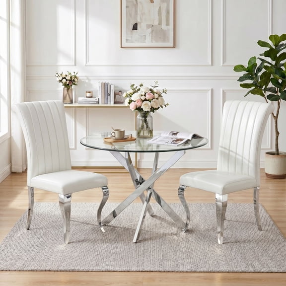 3-Piece Round Glass Dining Table Set, 36" Tempered Glass Table with 2 PU Leather Chairs, Modern Stainless Steel Frame, Space-Saving Design for Kitchen & Apartment