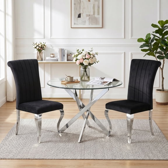 3-Piece Round Glass Dining Table Set, 36" Tempered Glass Table with 2 Velvet Dining Chairs, Modern Stainless Steel Frame, Space-Saving Design for Kitchen & Apartment