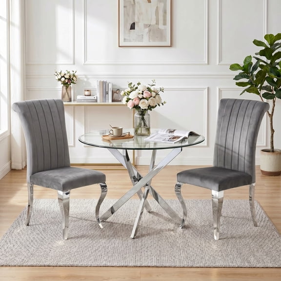 3-Piece Round Glass Dining Table Set, 36" Tempered Glass Table with 2 Velvet Dining Chairs, Modern Stainless Steel Frame, Space-Saving Design for Kitchen & Apartment