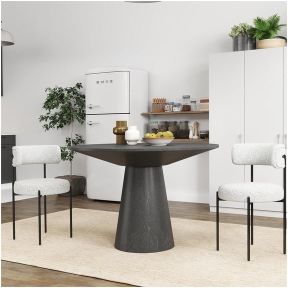 3-Piece Round Kitchen Dining Set: Small Space Table and Two Padded Boucle Chairs, Black Finish