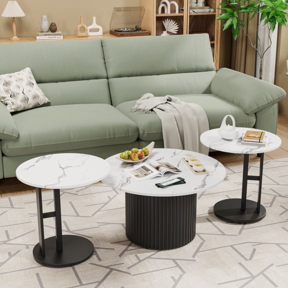 3-Piece Round Nesting Coffee Table Set, Faux Marble Top and Metal Legs - Ribbed Design