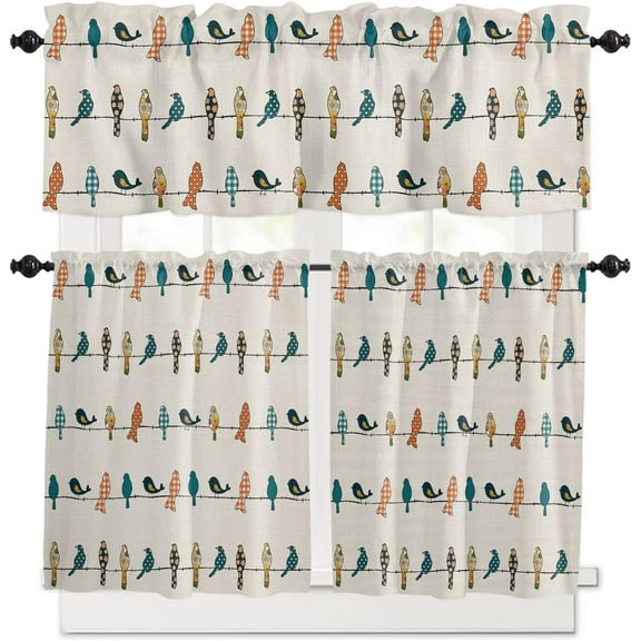3 Piece Rowley Birds Colorful Animal Kitchen Curtains, Tier and Valance Rod Pocket Window Curtains Set Orange Buffalo Check Cafe Curtains for Kitchen Valances Window Treatment 54X18in+27x24in×2