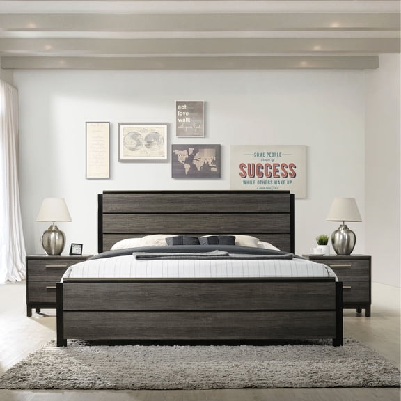 3-Piece Rubberwood Bedroom Furniture Set | King Bed with Nightstands for Bedroom | Subtle Grey Finish and Stylish Hardware | Improves Bedroom's Look