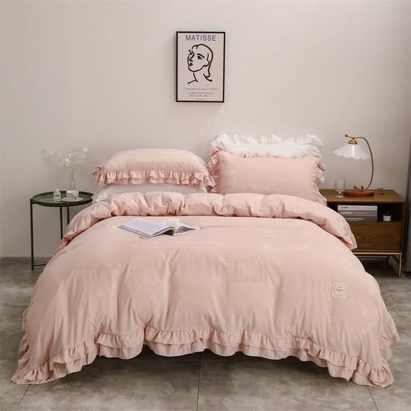 3-Piece Ruffle Duvet Cover Set King – Pink, 2 Rows Handmade Ruffle, Soft Microfiber, Zipper & Corner Ties 105"x90" – Shabby Chic Farmhouse Bedding