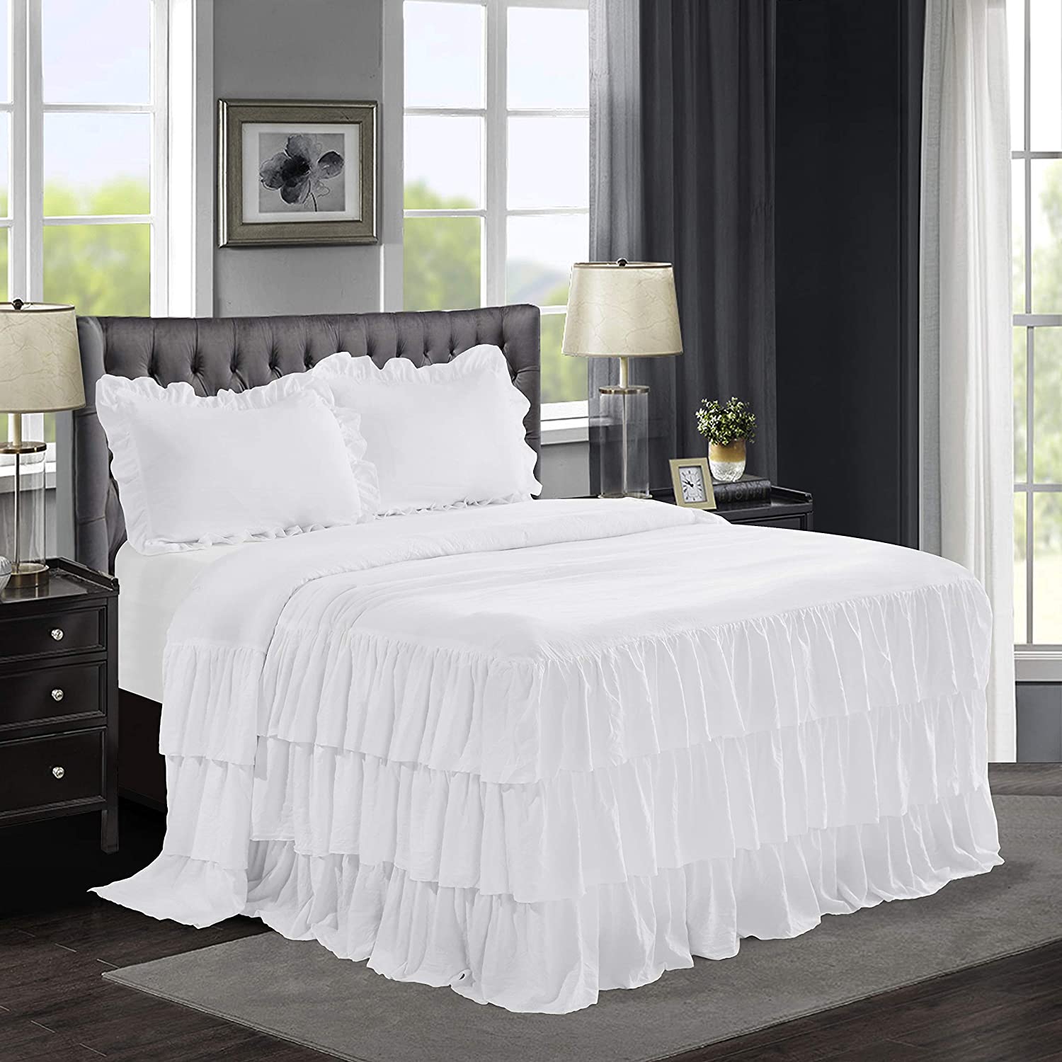3 Piece Ruffle Skirt Bedspread Set King White 30 inches Drop Ruffled