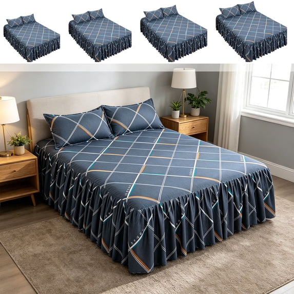 3-Piece Ruffled Bed Skirt Set, Elegant Dust Ruffle Bedspread with 2 Matching Pillowcases, Soft Synthetic Fabric Bed Cover for Mattress Protection & Under-Bed Storage Hiding, 59.06" x 78.74", AKLJWH