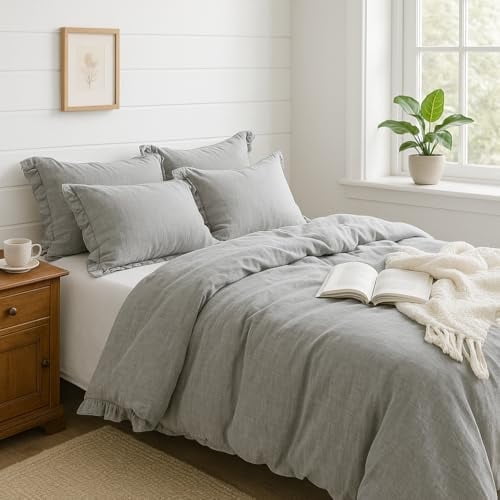 3-Piece Ruffled Linen Duvet Cover Set, Natural Flax, Breathable Soft Washed Bedding with Elegant Solid Color & Corner Ties