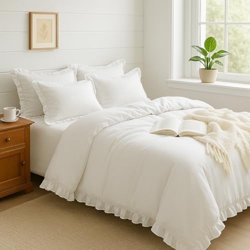 3-Piece Ruffled Linen Duvet Cover Set, Natural Flax, Breathable Soft Washed Bedding with Elegant Solid Color & Corner Ties