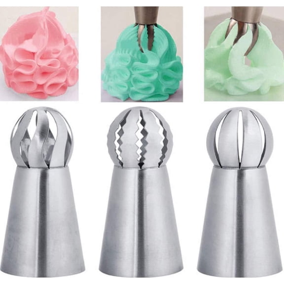 3 Piece Sphere Ball Icing Piping Nozzles Set, Stainless Steel Pastry Cream Tips for Cake Decorating and Flower Designs, TIKA