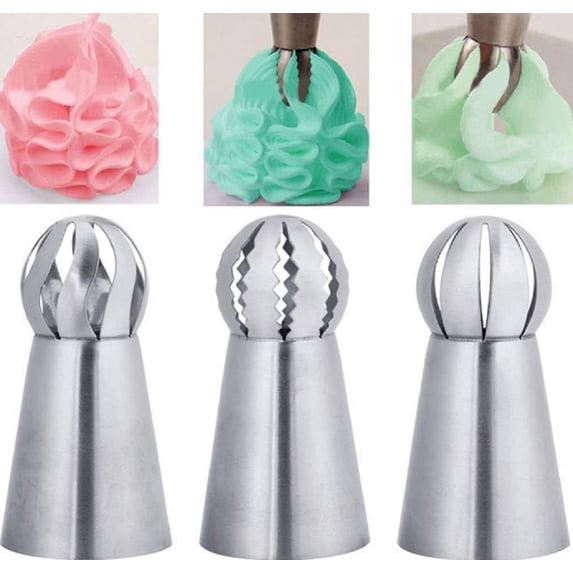 3 Piece Sphere Ball Icing Piping Nozzles Set, Stainless Steel Pastry Cream Tips for Cake Decorating and Flower Designs, TIKA