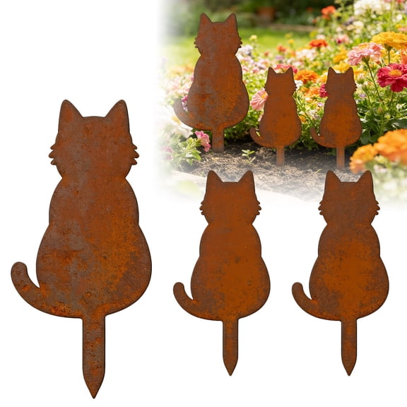 3-Piece Rustic Acrylic Cat Garden Stakes Weather-Resistant Silhouette Decor Retro Rust Finish for Yard, Patio & Flower Bed Decoration