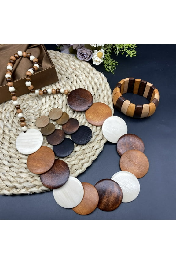 3-Piece Rustic Boho Chic Jewelry Set - Vintage Wooden Necklace, Earrings, and Bracelet Combo with Ethnic Style Wooden Accents, Unique Handcrafted Wooden Accessory Kit for Women, Perfect for Bohemian F