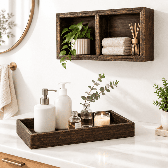3-Piece Rustic Brown Solid Wood Nesting Serving Trays Organizer Set