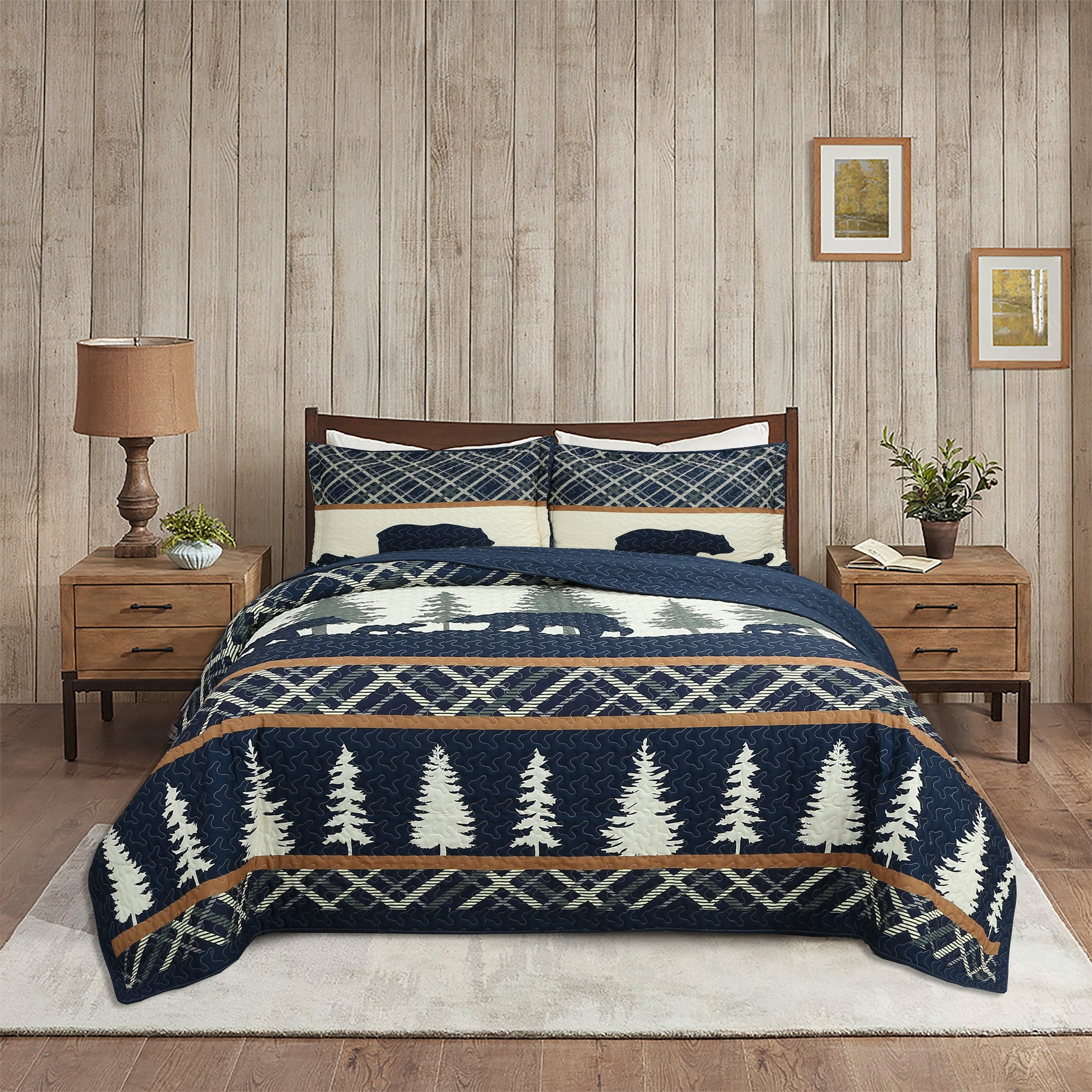 King Blue Reversible Rustic Lodge Quilt Set