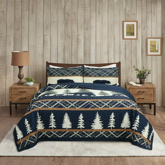 3-Piece Rustic Cabin Lodge Quilt Set Country Bear Bedspread with Matching Shams ME504