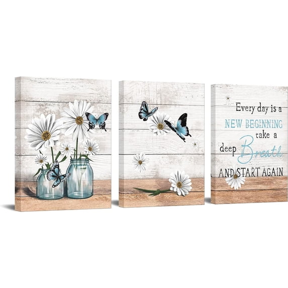 3 Piece Rustic Canvas Wall Art Daisy in Jar with Blue Butterfly Painting Pictures Motivational Inspiring Prints Artwork for Office Living Room Bedroom Bathroom Decor Framed Ready to Hang