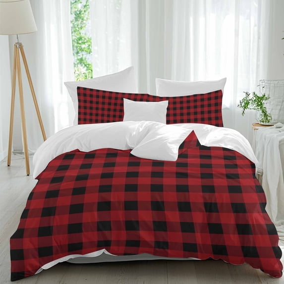 3 Piece Rustic Checkered Duvet Cover Set Twin Size, Microfiber Comforter/Quilt Cover with Corner Ties and 2 Pillowcases, Black Red Buffalo Plaid All Season Soft Bedding with Zipper Closure