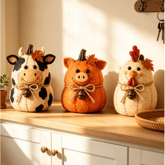 3 Piece Rustic Farm Animal Pumpkin Decor Set, Fall Halloween Thanksgiving Home Decor, Vintage Distressed Resin Figurines for Mantel Shelf Table Centerpiece (Farm Animals)