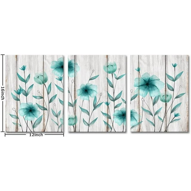 3 Piece Rustic Flower Canvas Wall Art Teal Blue Pictures Wall Decor