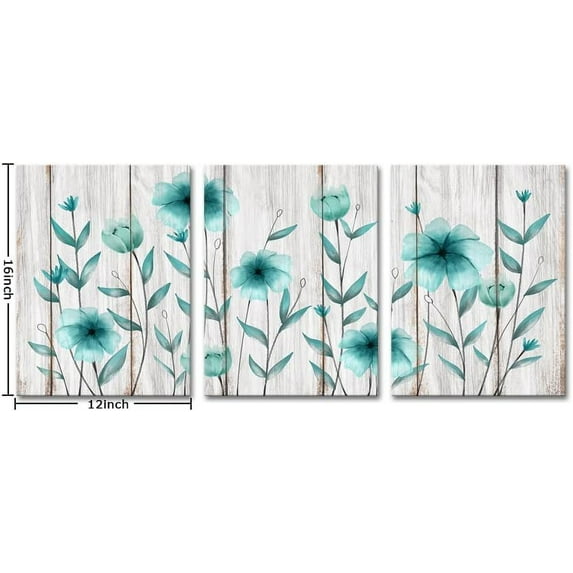 3 Piece Rustic Flower Canvas Wall Art Teal Blue Pictures Wall Decor Turquoise Elegant Floral Poster Prints for Modern Bedroom Bathroom Decoration 12x16inchx3pcs