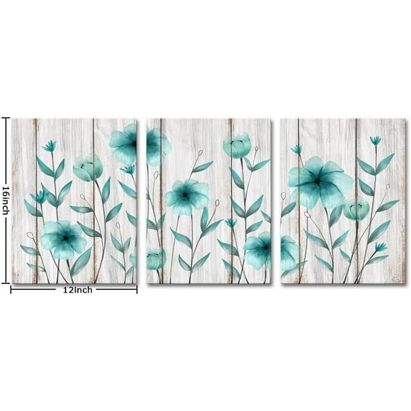 3 Piece Rustic Flower Canvas Wall Art Teal Blue Pictures Wall Decor Turquoise Elegant Floral Poster Prints for Modern Bedroom Bathroom Decoration 12x16inchx3pcs