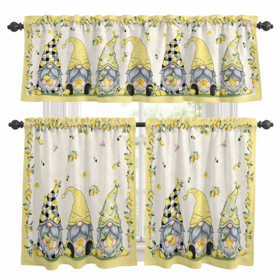 3 Piece Rustic Lemon Gnomes Kitchen Curtain Valance and Tiers Set Summer Fruit Leaves Linen Yellow Border Rod Pocket Tier Curtain 24 Inch Small Window Drapes for Living Room Bedroom Cafe Home Decor
