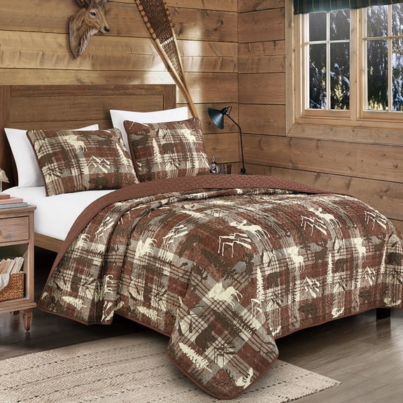 3-Piece Rustic Wildlife Reversible Polyester Quilt Bedspread Set