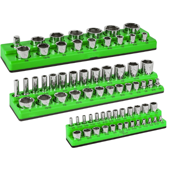 3-Piece SAE Magnetic Socket Organizers Set - GREEN - Includes 1/4 in, 3/8 in, 1/2 in Socket Holders - Holds 68 Standard (Shallow) and Deep Sockets - Also Available in RED