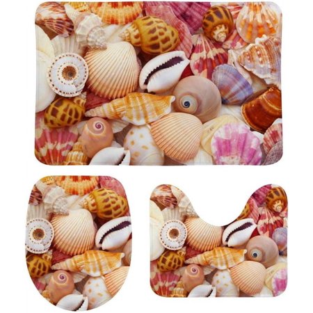 3 Piece SKYSONIC Non-Slip Bathroom Rug Set Colorful Shells Starfish Soft Contour Rug + Toilet Lid Cover + Bath Mat Bathroom Decor