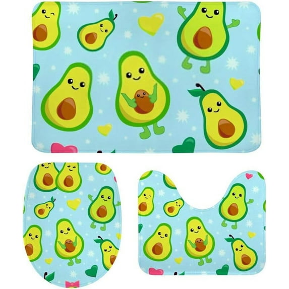 3 Piece SKYSONIC Non-Slip Bathroom Rug Set Happy Avocados Soft Contour Rug + Toilet Lid Cover + Bath Mat Bathroom Decor