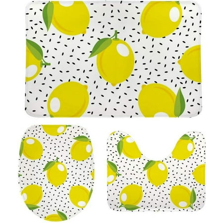 3 Piece SKYSONIC Non-Slip Bathroom Rug Set Lemons and Seeds Soft Contour Rug + Toilet Lid Cover + Bath Mat