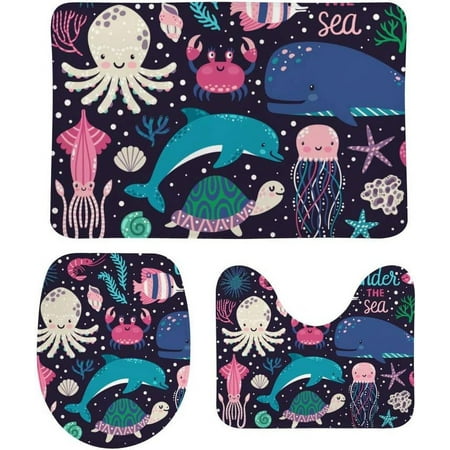 3 Piece SKYSONIC Non-Slip Bathroom Rug Set Under The Sea World Soft Contour Rug + Toilet Lid Cover + Bath Mat