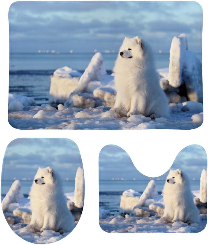 3 Piece SKYSONIC NonSlip Bathroom Rug Set White Fluffy Dog Sitting