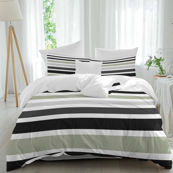 3 Piece Sage Green Black Stripe Duvet Cover Set Queen Size,Microfiber Comforter/Quilt Cover with Corner Ties and 2 Pillowcases,Modern Abstract Coarse Striped All Season Bedding with Zipper Closure