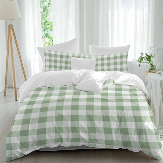3 Piece Sage Green Buffalo Plaid Duvet Cover Set California King,Microfiber Comforter/Quilt Cover with Corner Ties and 2 Pillowcases,Green White Checkered Farmhouse Soft Bedding with Zipper Closure