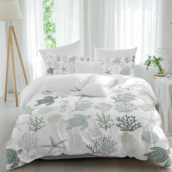 3 Piece Sage Green Coastal Duvet Cover Set Full Size,Microfiber Comforter/Quilt Cover with Corner Ties and 2 Pillowcases,Nautical Summer Beach Coral Sea Turtle All Season Bedding with Zipper Closure