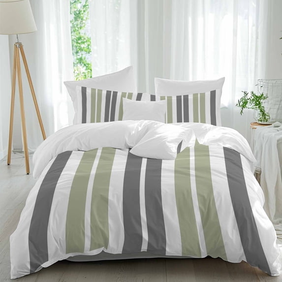 3 Piece Sage Green Grey Striped Duvet Cover Set Twin Size, Microfiber Comforter/Quilt Cover with Corner Ties and 2 Pillowcases, Gray Modern Abstract Art All Season Soft Bedding with Zipper Closure
