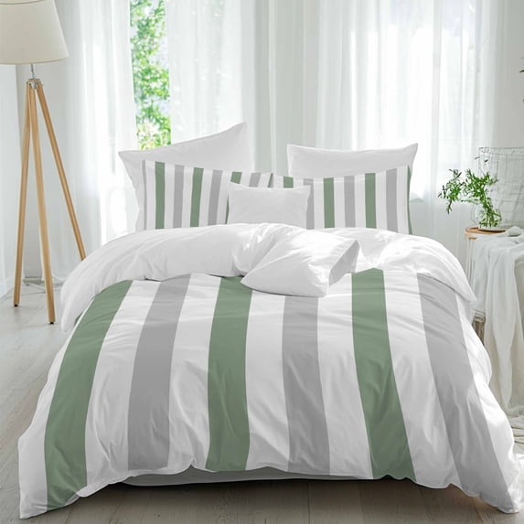 3 Piece Sage Green Grey Striped Duvet Cover Set Twin Size, Microfiber Comforter/Quilt Cover with Corner Ties and 2 Pillowcases, Minimalist Farmhouse Stripe All Season Soft Bedding with Zipper Closure