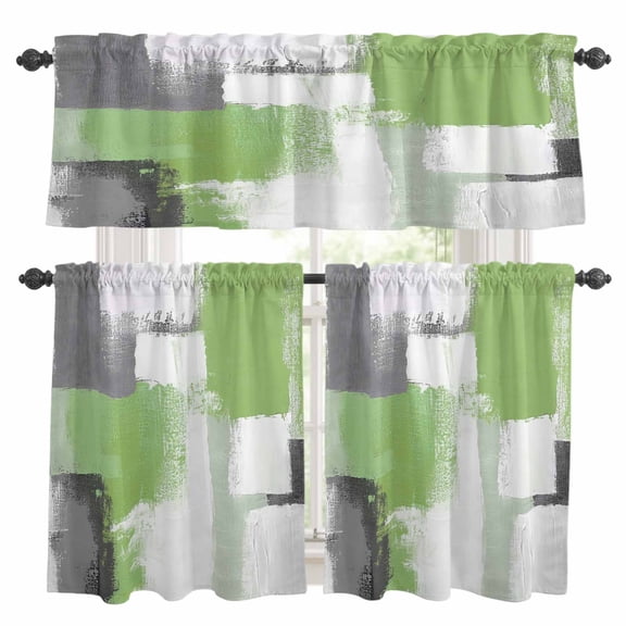 3 Piece Sage Green Kitchen Curtain Valance and Tiers Set Gray Graffiti Color Blocks Abstract Modern Art Rod Pocket Tier Curtain 24 Inch Small Window Drapes for Living Room Bedroom Cafe Home Decor