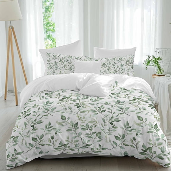 3 Piece Sage Green Leaf Duvet Cover Set California King,Microfiber Comforter/Quilt Cover with Corner Ties and 2 Pillowcases,Country Eucalyptus Nature Plant Branch Soft Bedding with Zipper Closure
