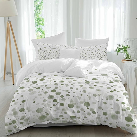 3 Piece Sage Green Polka Dot Duvet Cover Set Queen Size,Microfiber Comforter/Quilt Cover with Corner Ties and 2 Pillowcases,Modern Art Abstract Watercolor Dot All Season Bedding with Zipper Closure