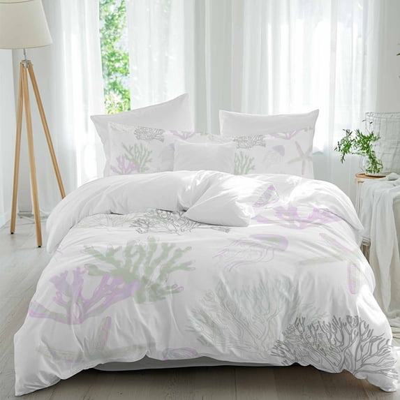 3 Piece Sage Green Purple Coral Coastal Duvet Cover Set California King,Microfiber Comforter/Quilt Cover with Corner Ties and 2 Pillowcases,Nautical Starfish Beach Soft Bedding with Zipper Closure