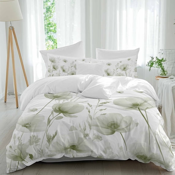 3 Piece Sage Green Spring Floral Duvet Cover Set California King,Microfiber Comforter/Quilt Cover with Corner Ties and 2 Pillowcases,Summer Botanical Watercolor Vintage Bedding with Zipper Closure